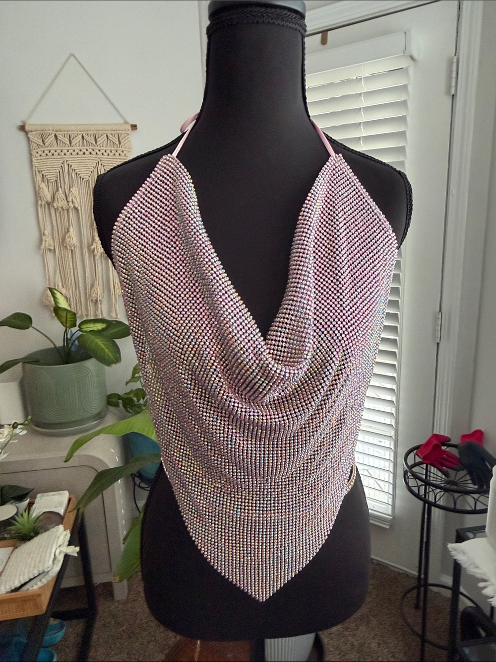 Iridescent Pink Rhinestone Halter Chain Top